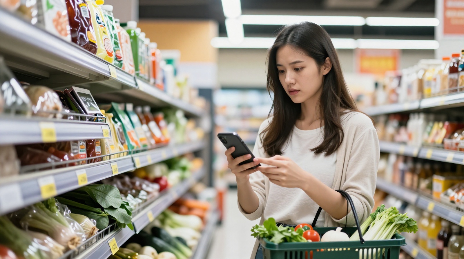 A young woman shopping in a Chinese supermarket, checking her phone for notifications from a paid emotional support service.