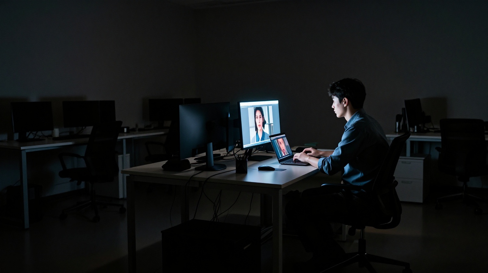A lone worker in a dark office at night, illuminated only by their computer screen, representing the gig economy and urban loneliness.