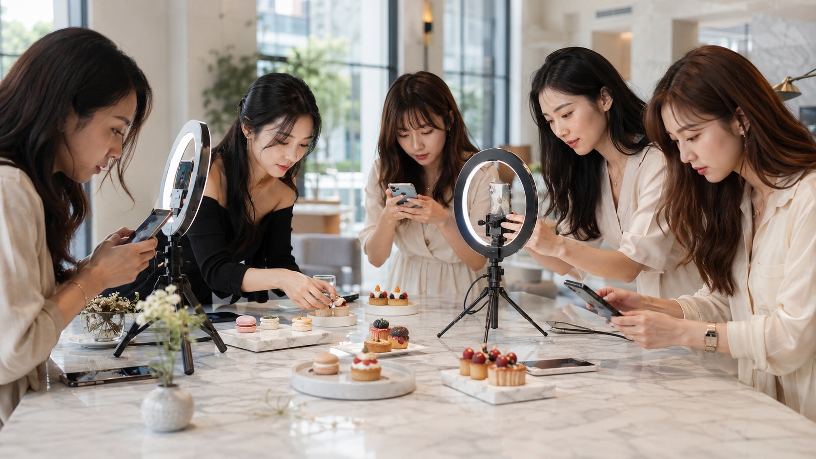 Young women in China collaborating to take aesthetic photos at a high-end venue for social media content.