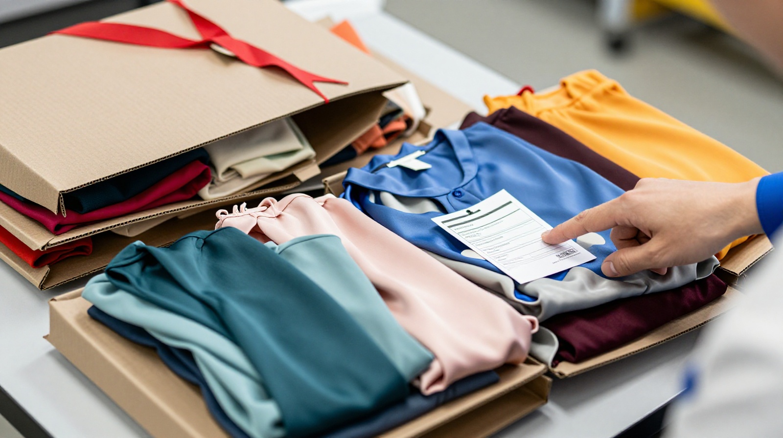 Close-up view of returned clothing items and packaging in a Chinese e-commerce warehouse sorting area.