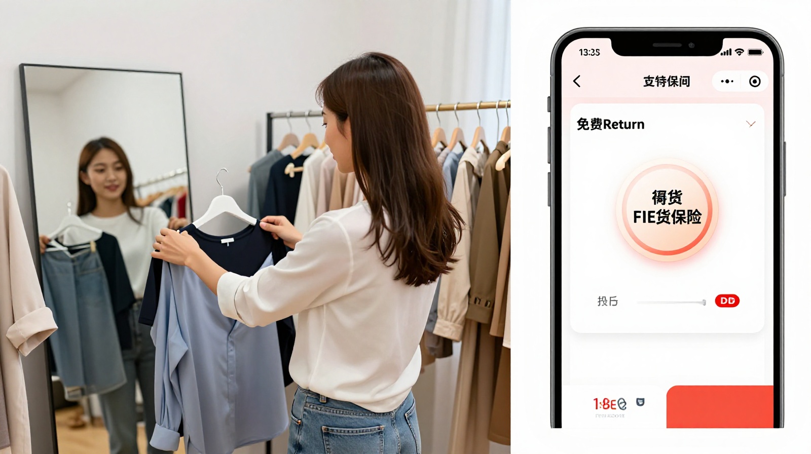 A young consumer trying on clothes at home while checking free return policies on a mobile shopping app.
