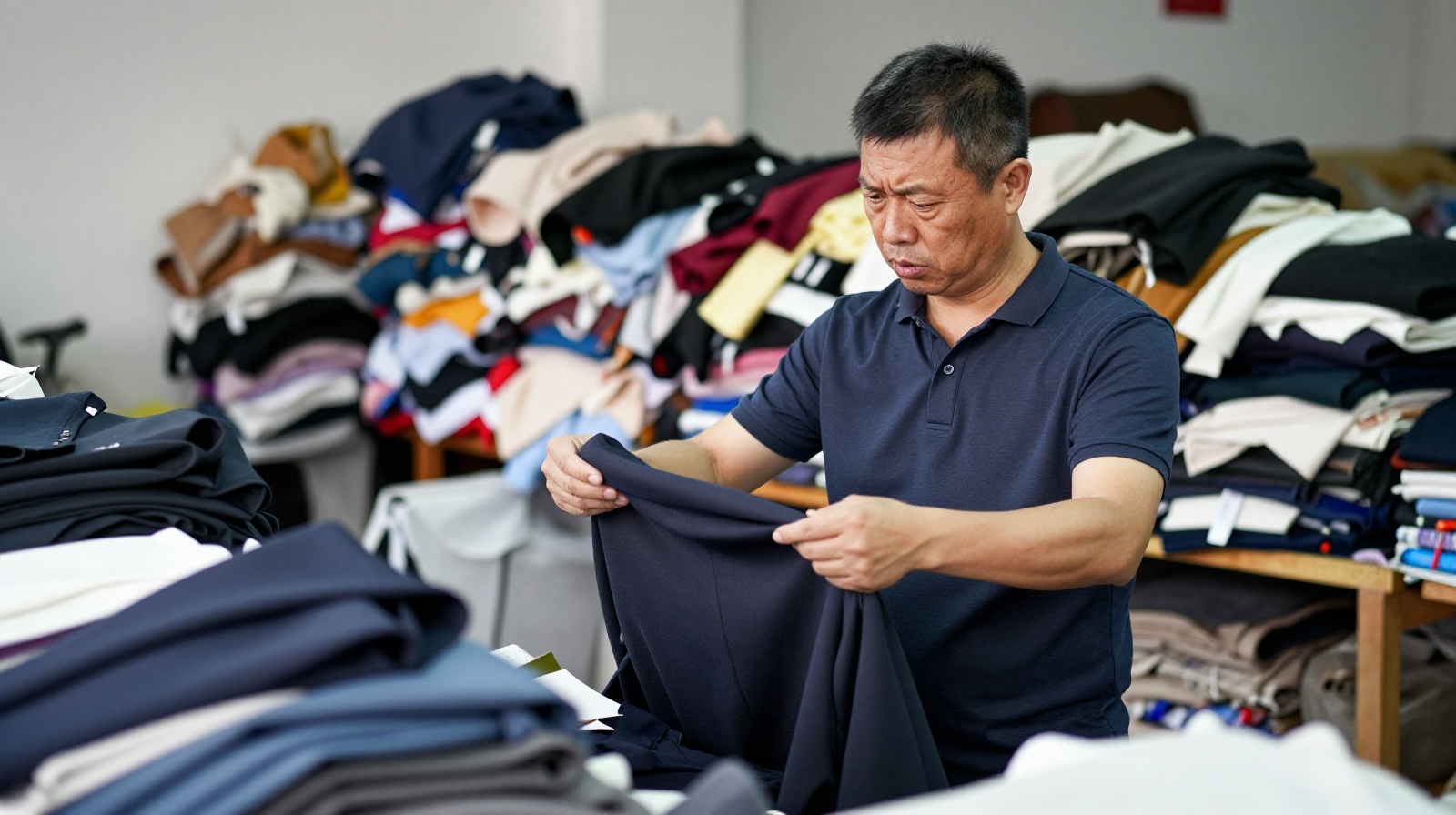 A small business owner inspecting returned clothing in a garment factory, facing inventory pressure from high return rates.