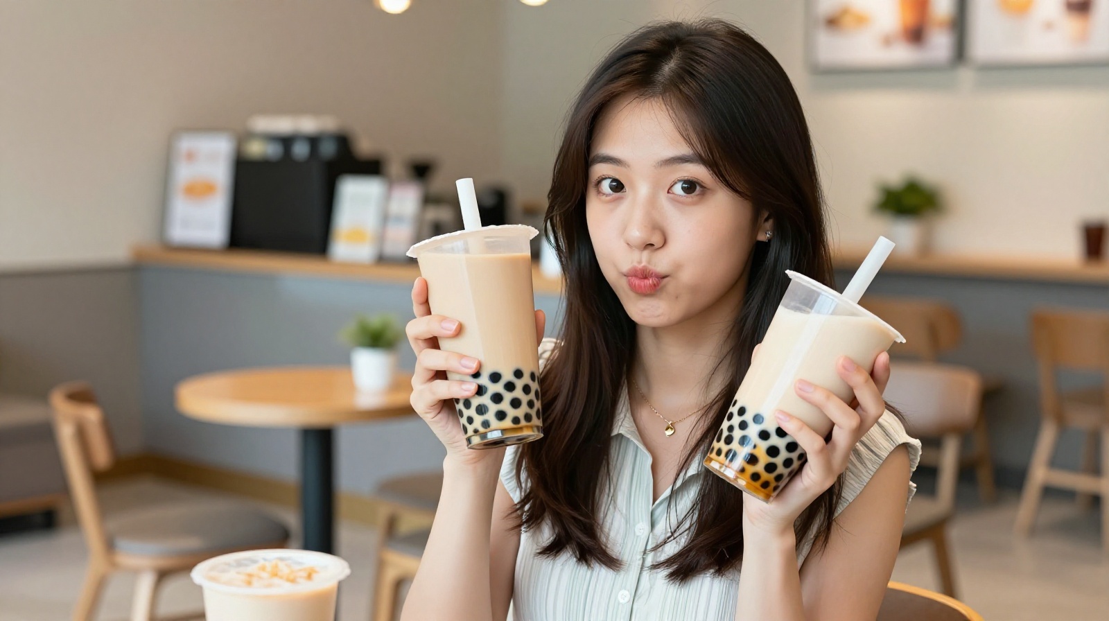 A young professional in Shanghai holding several cups of bubble tea, representing the 'bubble tea substitute' service trend in China.