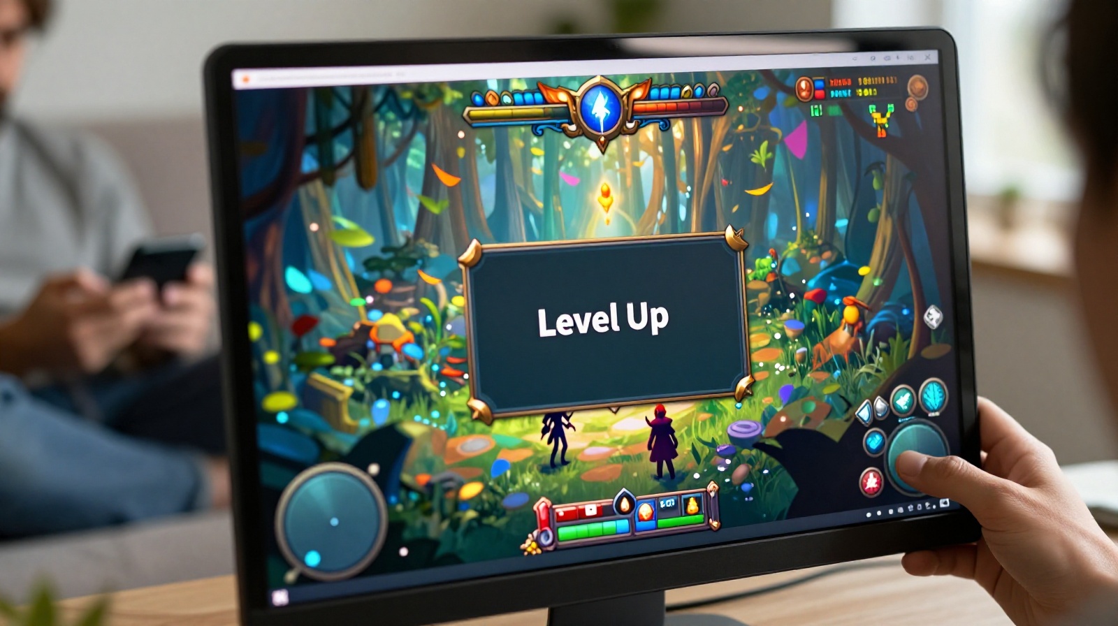 Gaming interface on a monitor with a player in the background, illustrating the concept of proxy gaming services.