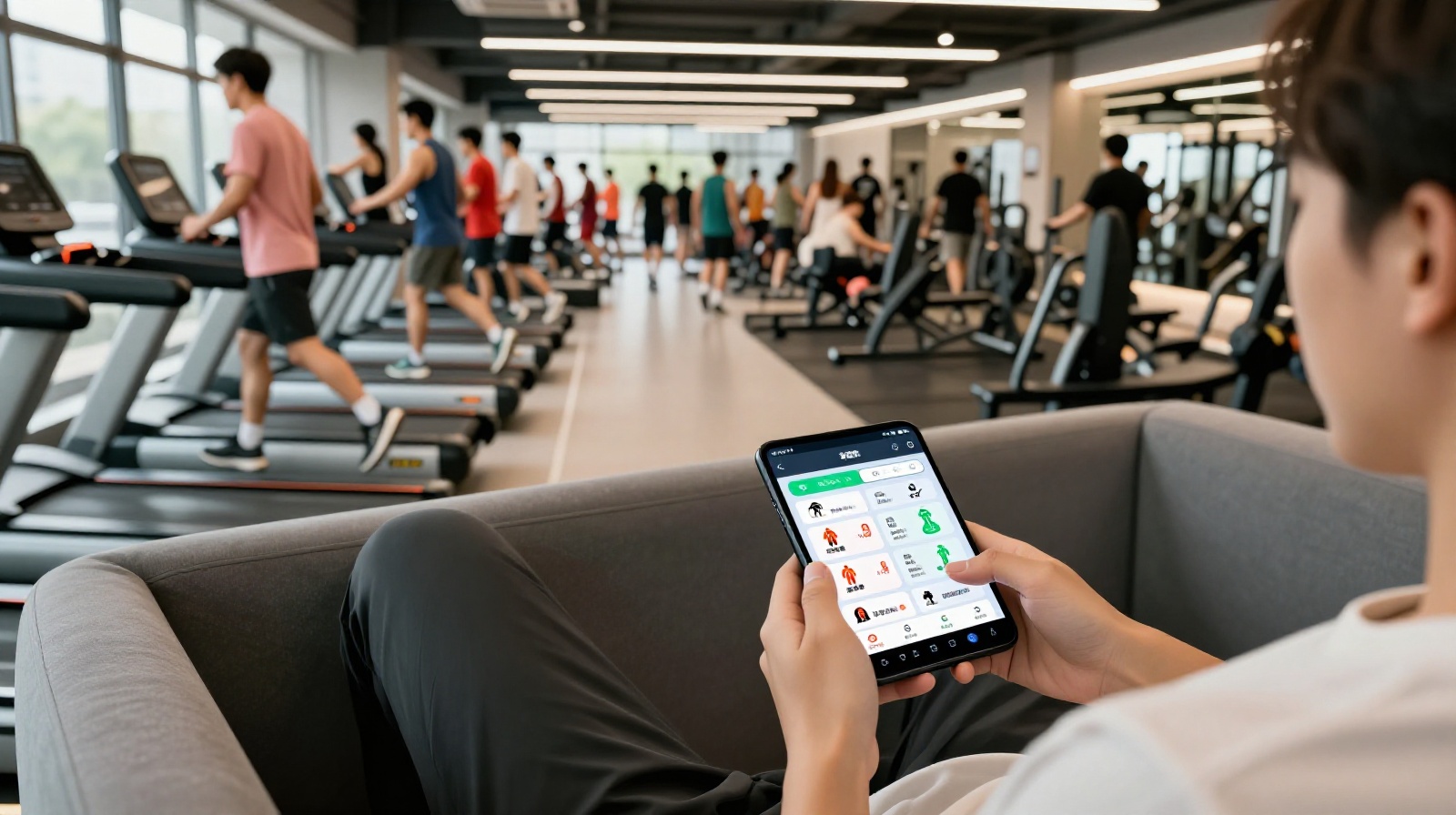 Contrast between active gym-goers and someone using a proxy fitness app, highlighting the efficiency-driven lifestyle in Chinese cities.