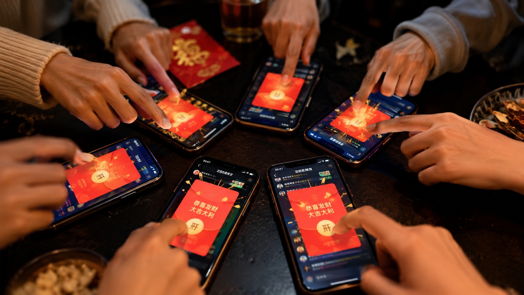 Multiple hands tapping smartphones rapidly during a WeChat red envelope race in a group chat.