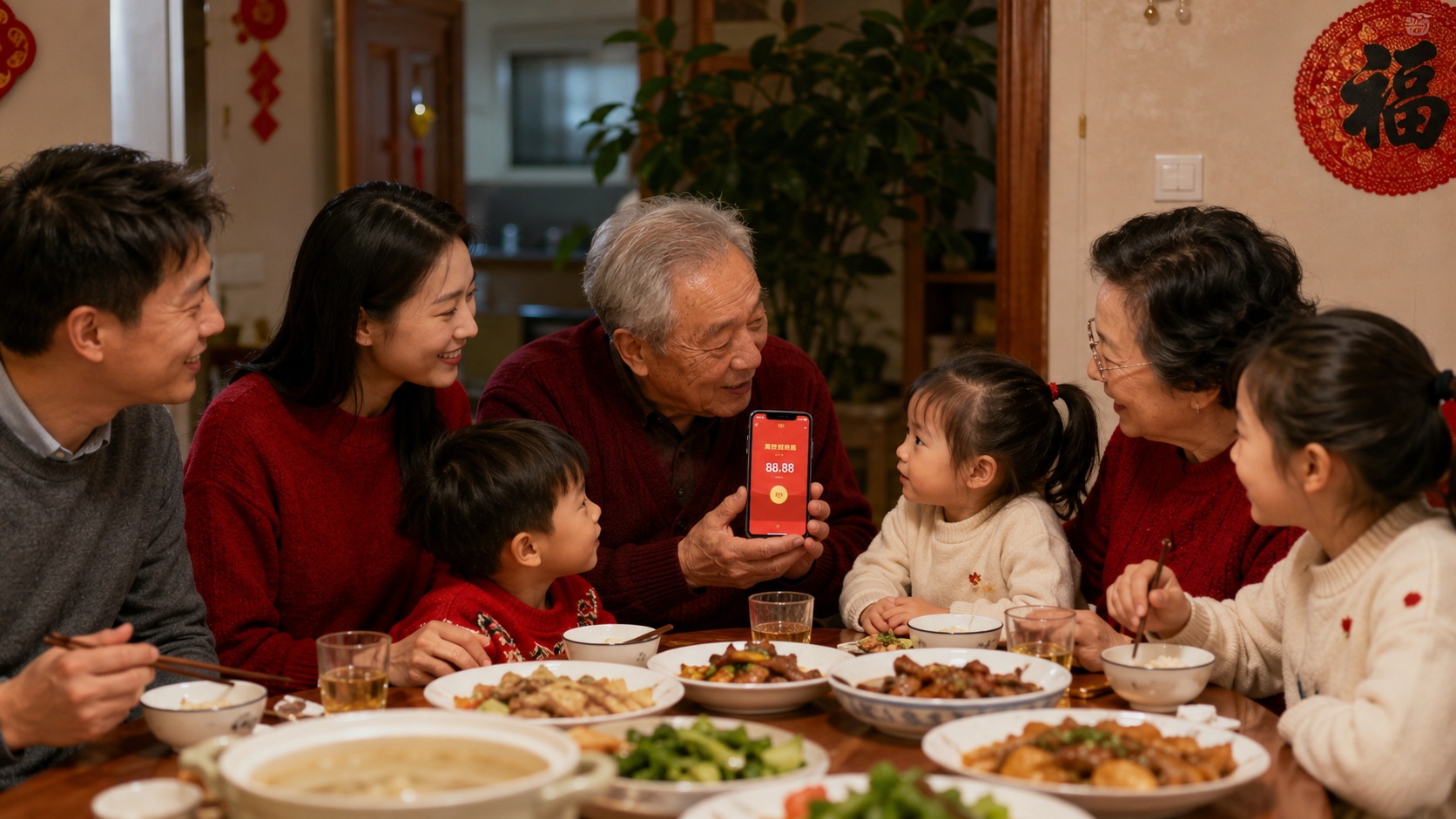 A Chinese family bonding over WeChat red envelopes during a dinner, showing intergenerational digital interaction.