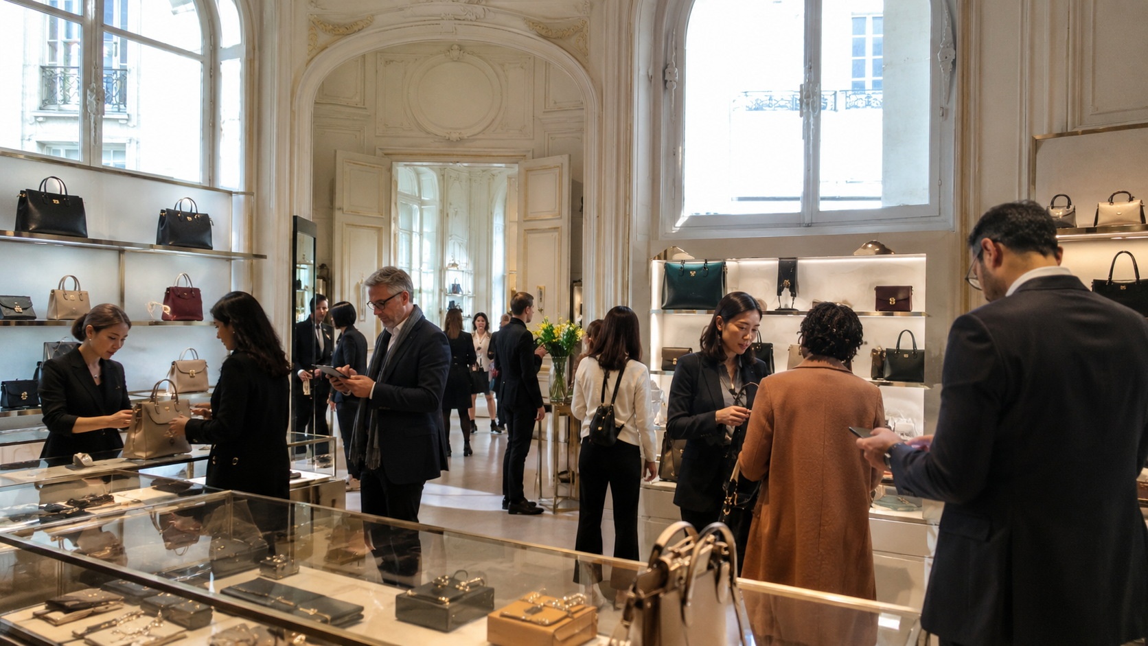 Busy luxury boutique interior with multiple customers and staff, showing the high demand for designer goods in European markets.