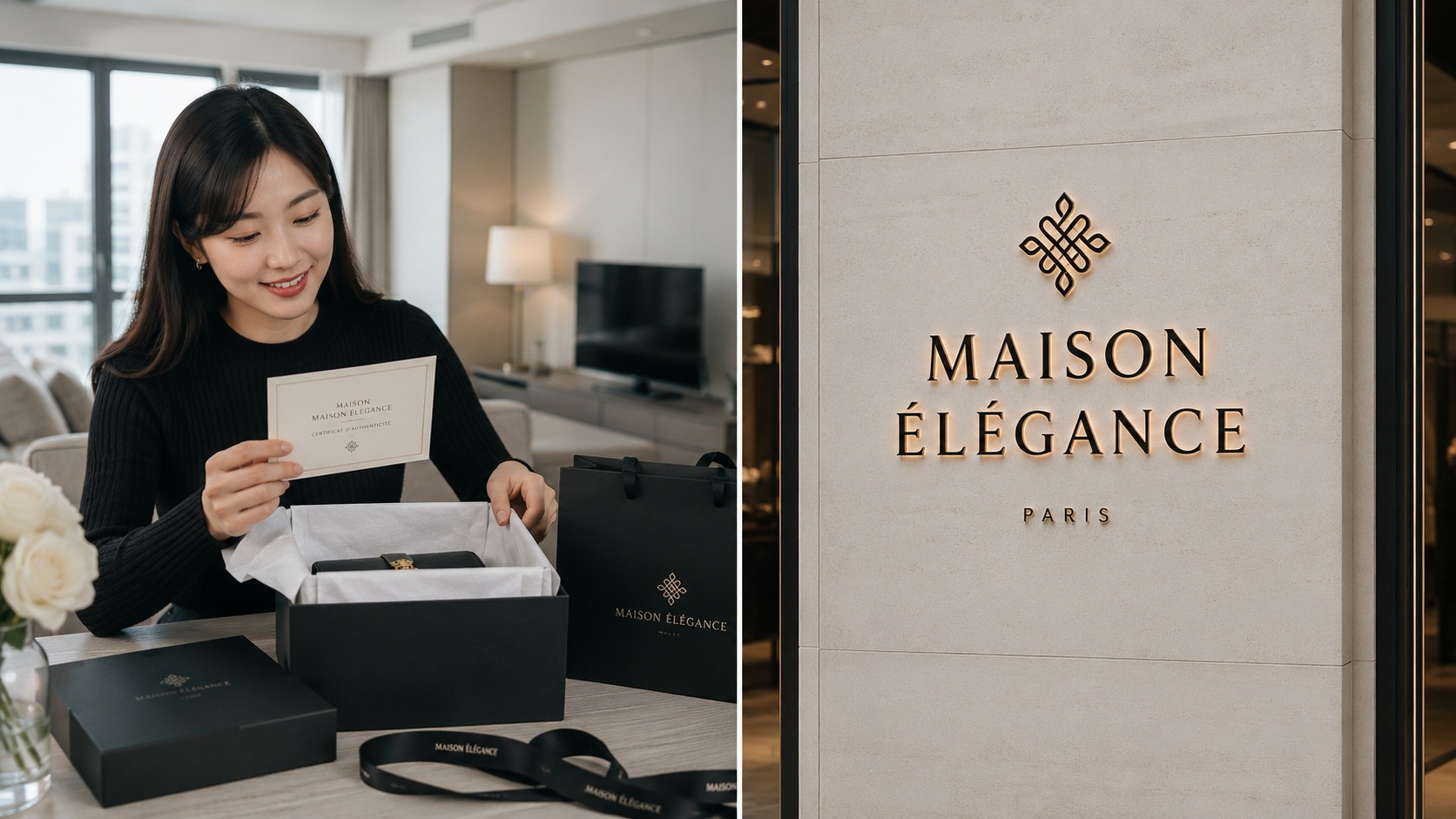 Split image showing a Chinese consumer receiving a luxury package and an official brand logo, highlighting the trust and authenticity aspect of purchasing.