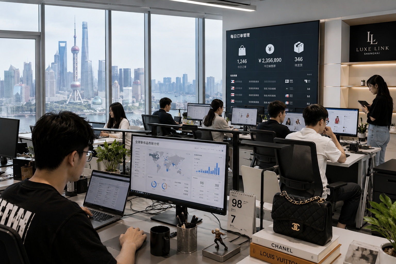 Young professionals in a Shanghai office analyzing market data for cross-border luxury e-commerce.