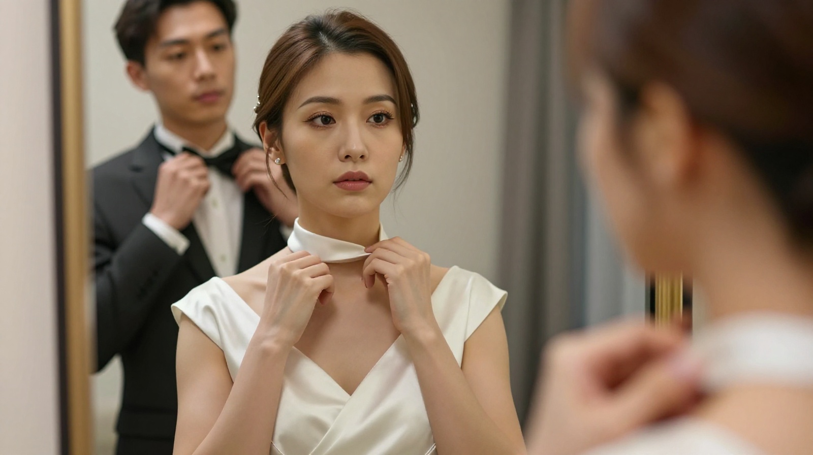 A Chinese woman preparing for a divorce photoshoot in a studio, adjusting her white dress while her ex-husband prepares in the background