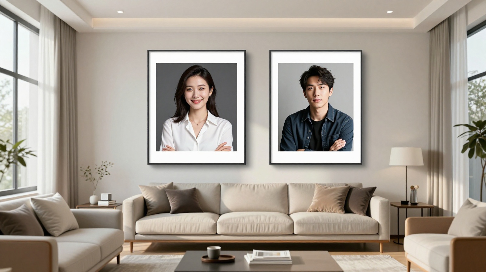 Two separate framed photos of a divorced couple hanging in a modern Chinese living room, symbolizing peaceful separation