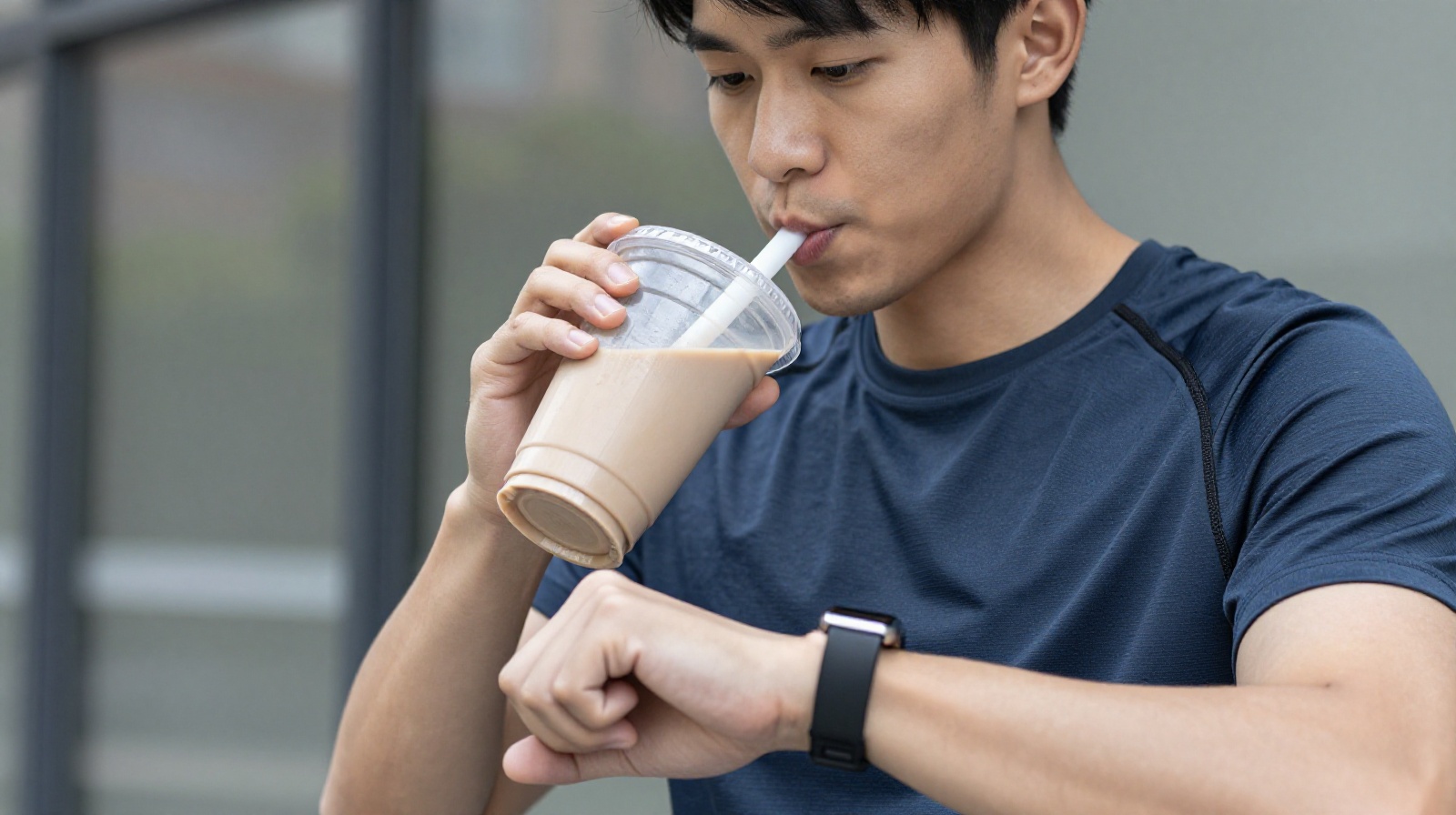 Young Chinese fitness enthusiast tracking nutrition and fitness data on a smartwatch