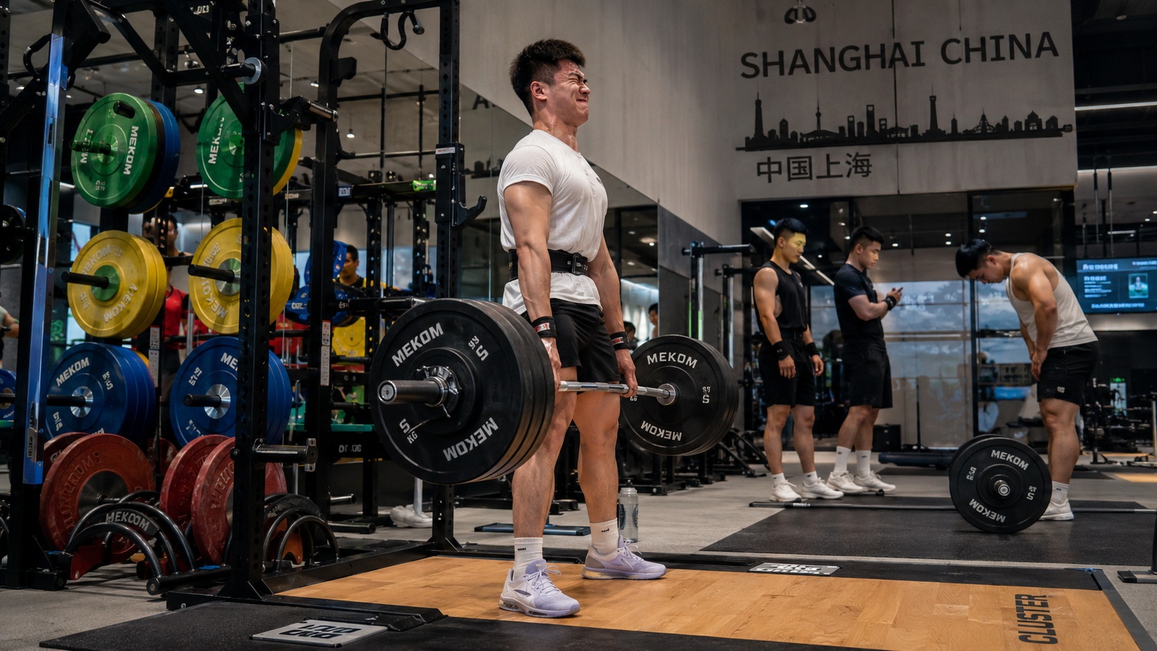 Young Chinese men working out with weights in a modern commercial gym in Shanghai