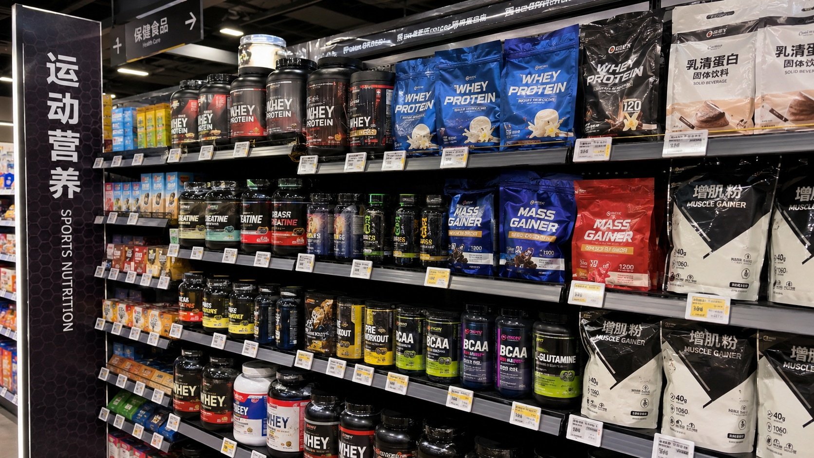 Shelves stocked with fitness supplements like protein powder in a Chinese supermarket