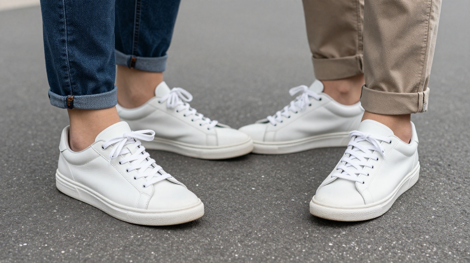 Close-up of matching white sneakers worn by a couple, highlighting the 'invisible' couple outfit trend.