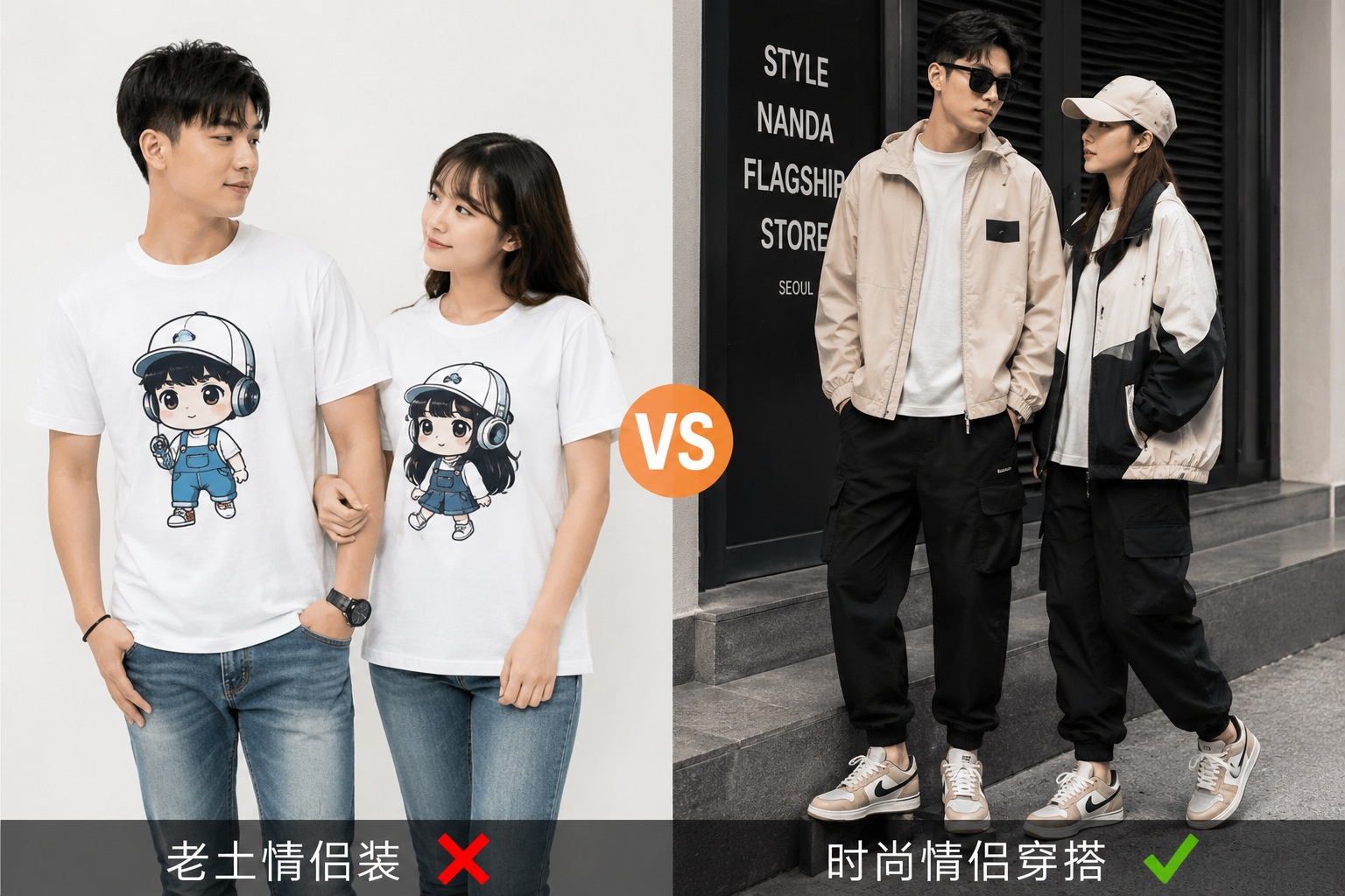 Comparison between traditional matching couple t-shirts and modern coordinated street fashion worn by a young Chinese couple.