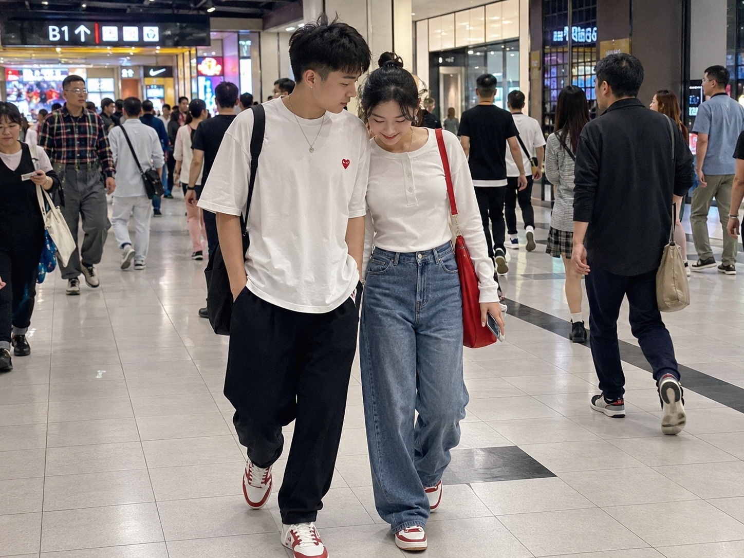 Young Chinese couple in coordinated outfits standing close together in a busy urban public space.