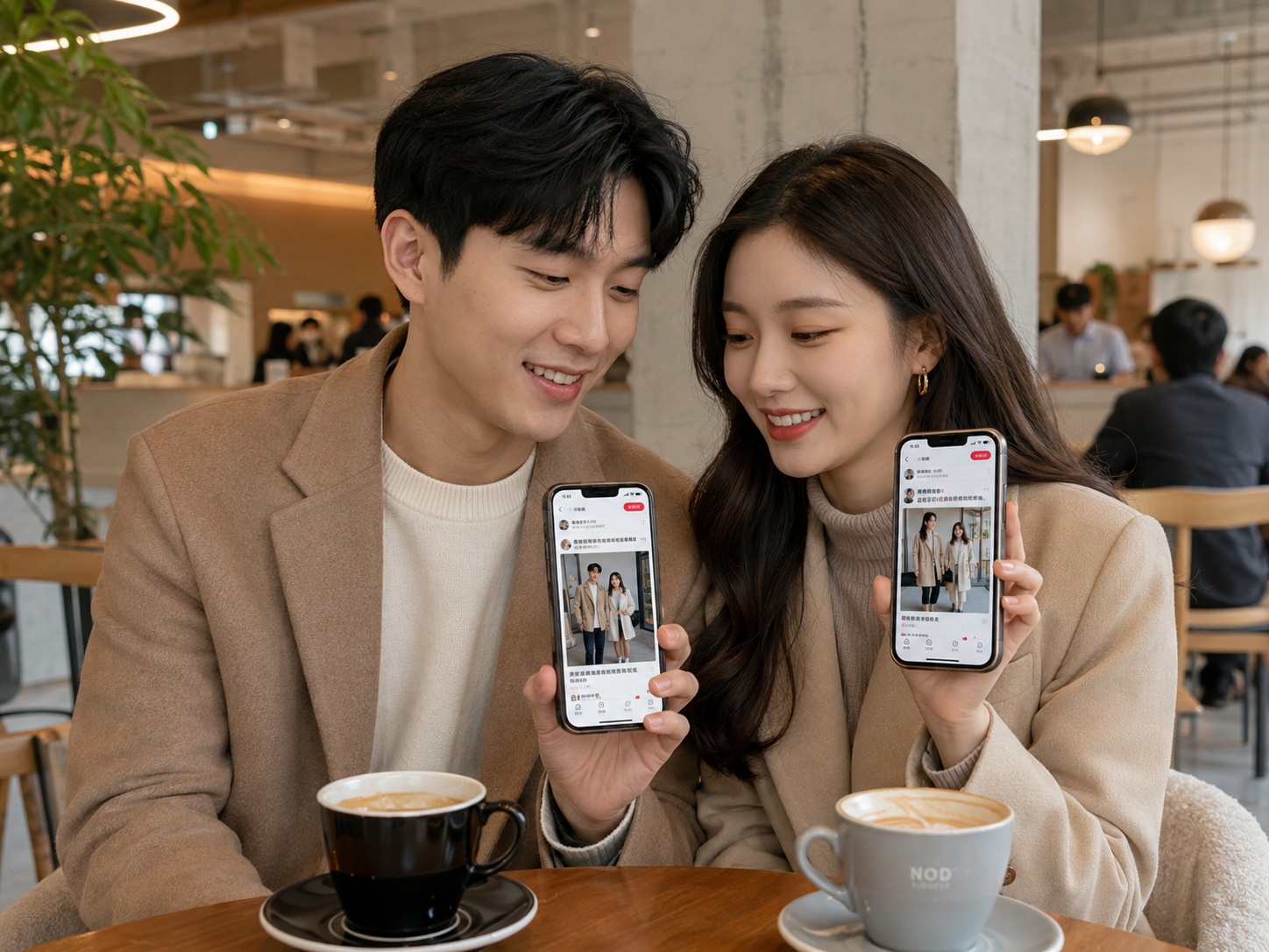 Couple browsing social media for couple outfit inspiration in a modern Chinese café.