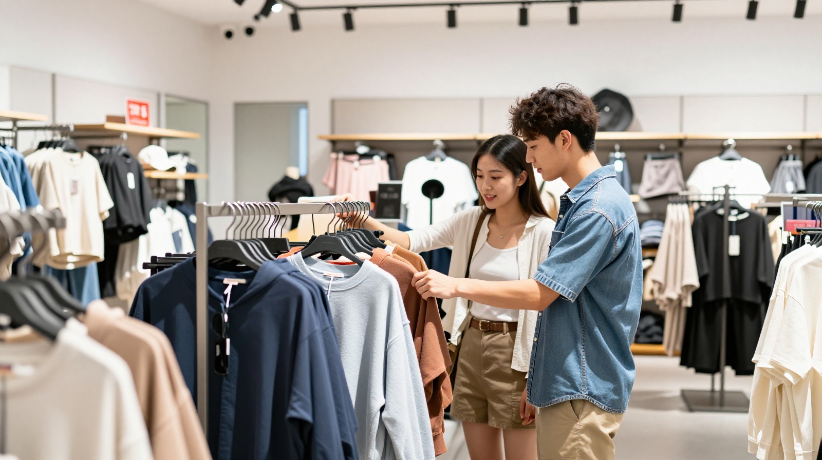 Young couple shopping for coordinated outfits in a modern Chinese fast-fashion retail store.
