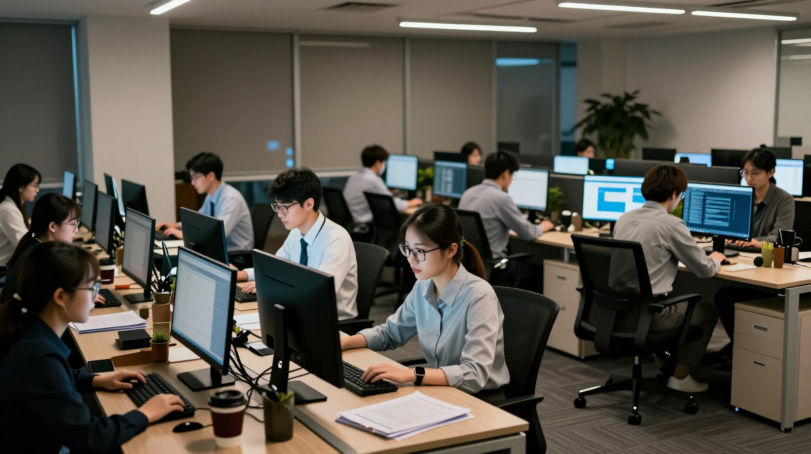 Young professionals working late in a modern Chinese office, illustrating the high-pressure work environment linked to hair loss.