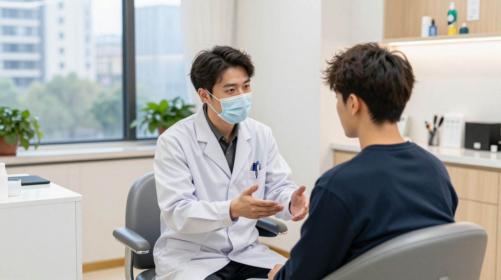 A consultation at a modern hair transplant clinic in China, showing the medicalization of hair loss treatment for young people.