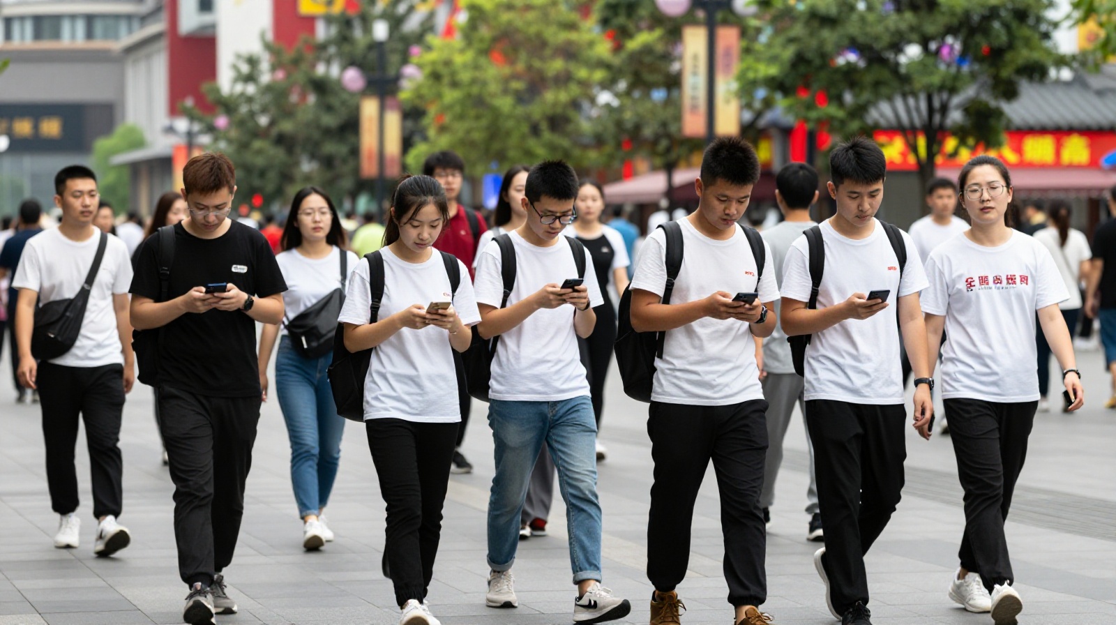 Young adults walking in a busy Chinese city street, representing the demographic most affected by hair loss and workplace stress.