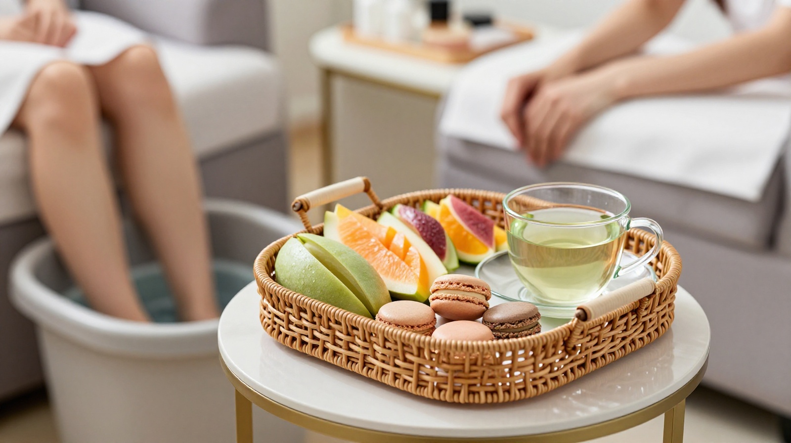 A snack basket with fruit and tea placed next to a manicure station, illustrating the 'all-inclusive' service.