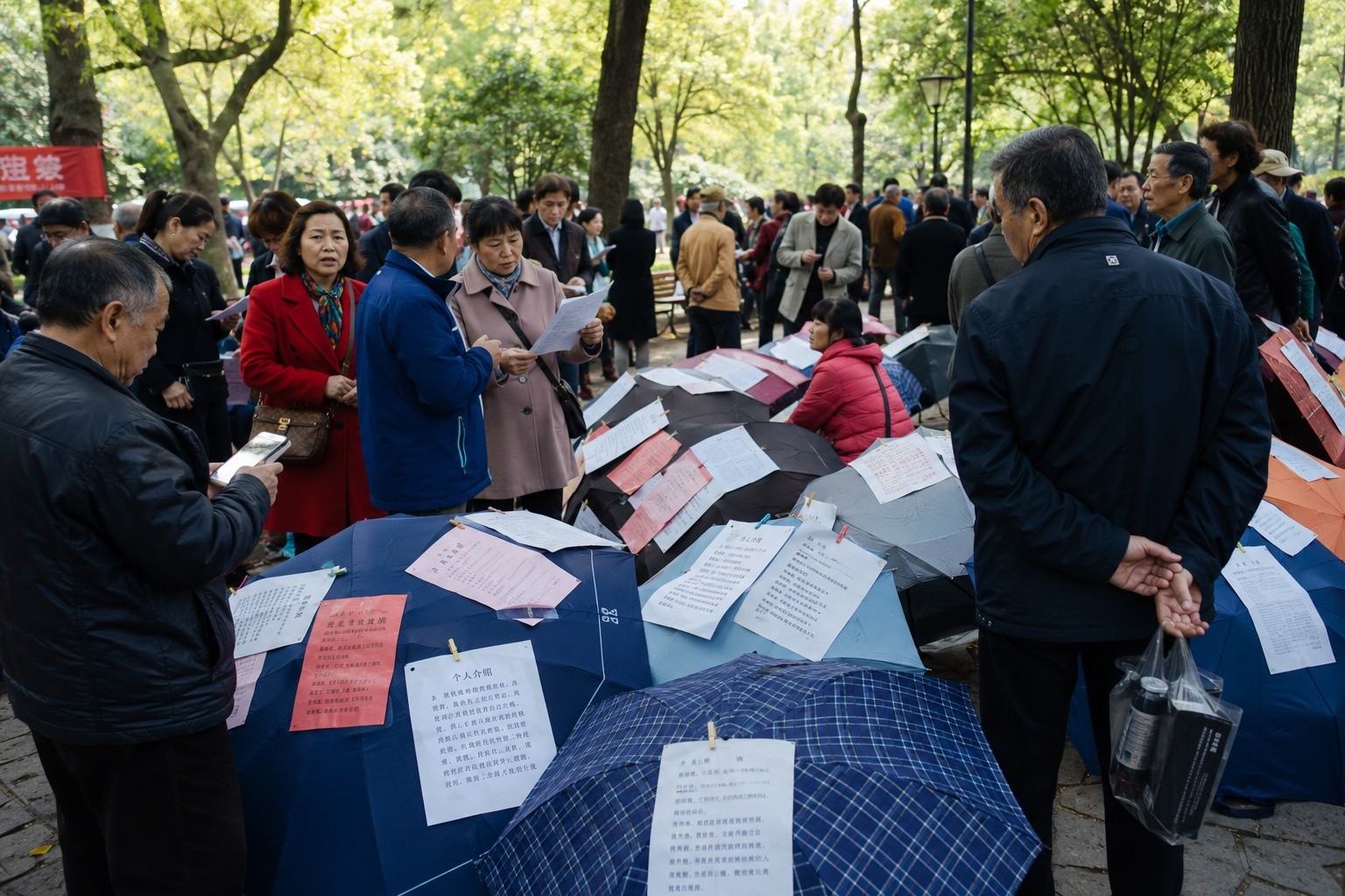 Elderly parents holding umbrellas with marriage prospect details at a matchmaking corner in a Chinese public park