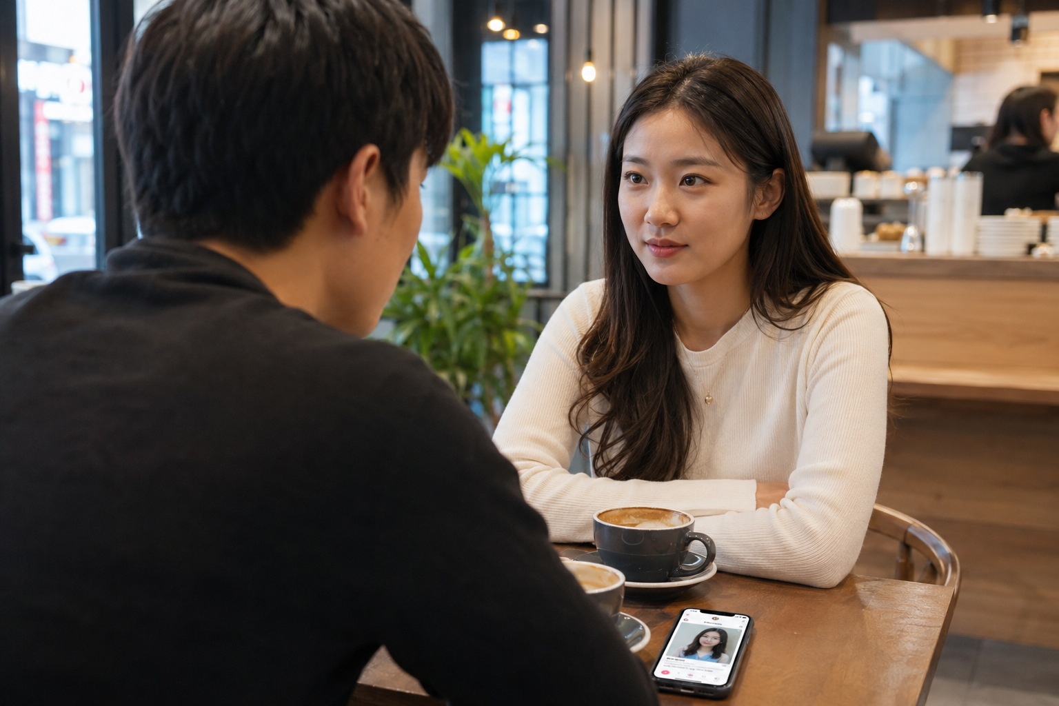 Young Chinese professionals on a blind date in a coffee shop, discussing practical matters