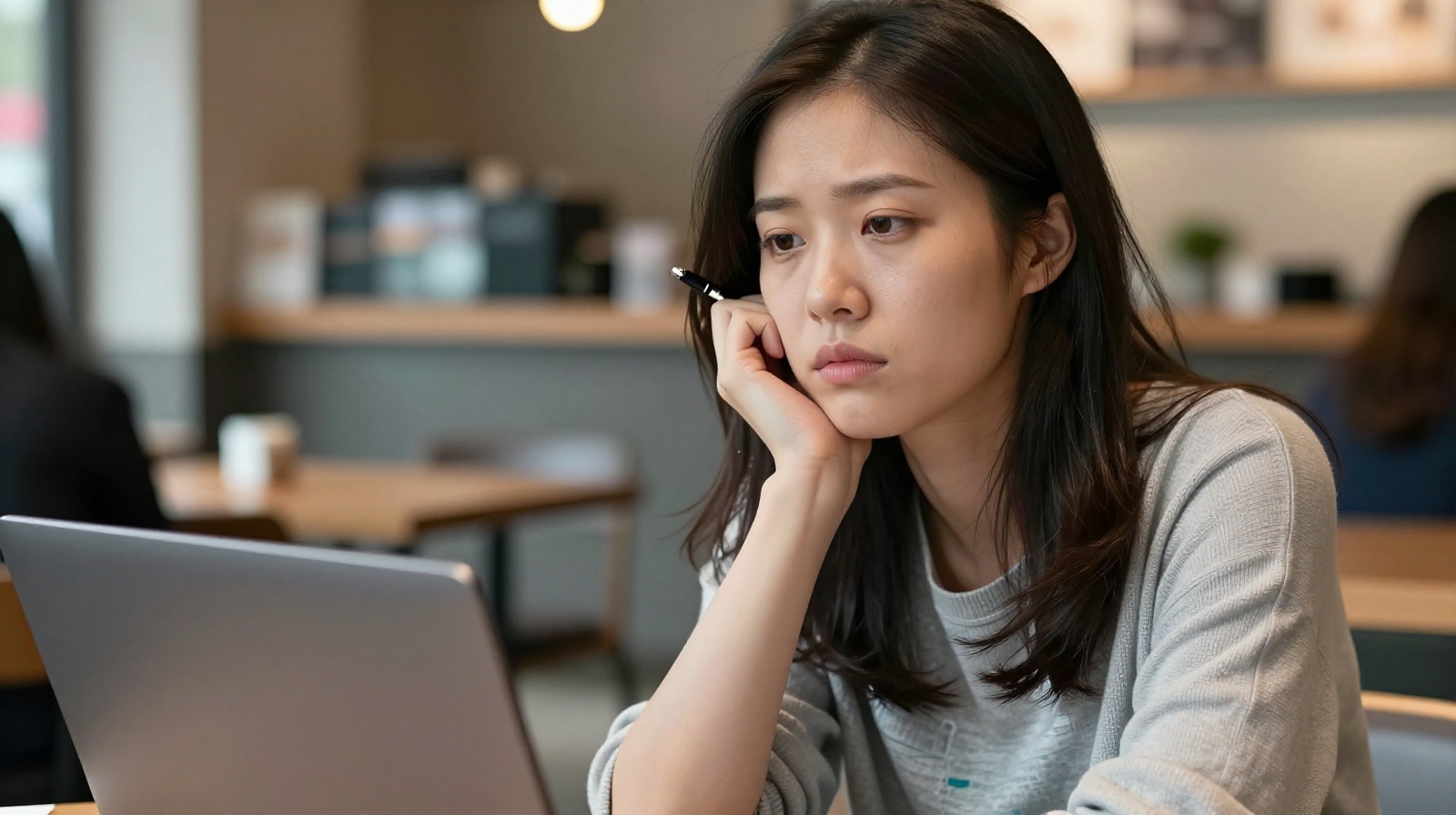 A portrait of a young Chinese female professional working in a modern cafe, looking thoughtful and focused on her laptop.