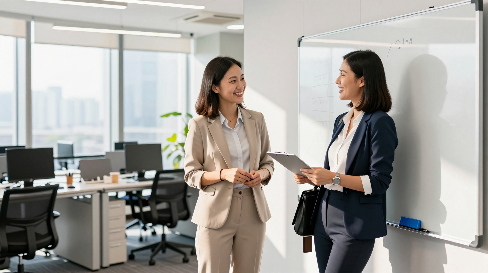 Two Chinese female engineers collaborating and discussing a project in a modern office environment.