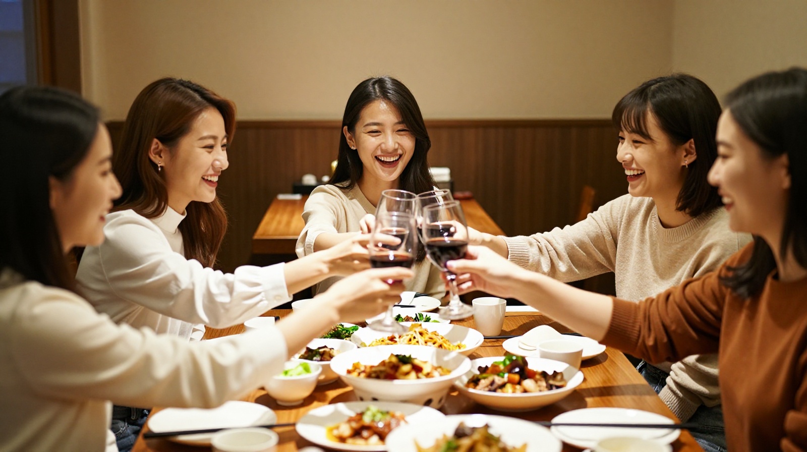 A group of young Chinese women celebrating together at a dinner party, laughing and enjoying their friendship.