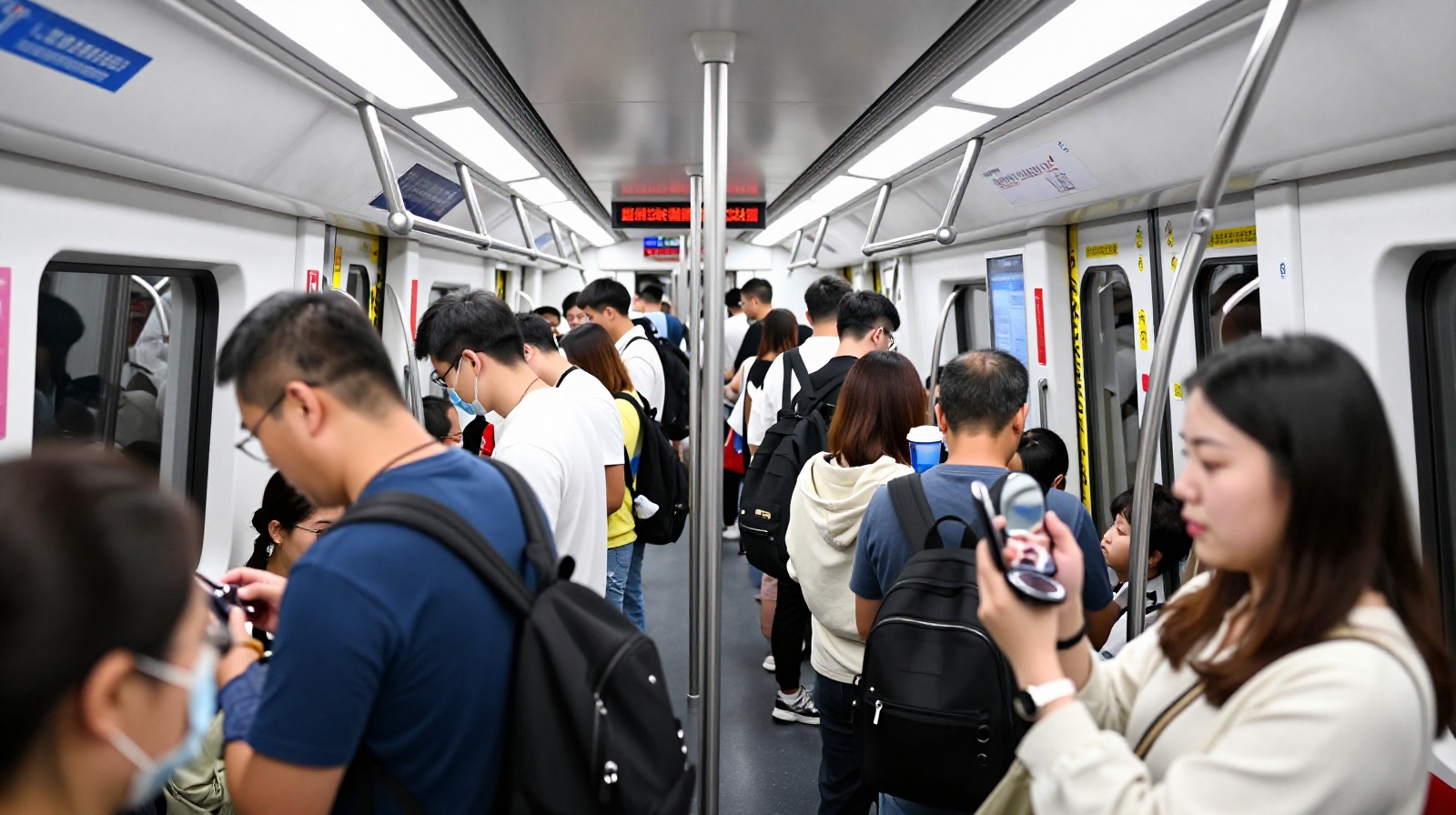 Interior view of a crowded Chinese subway train with passengers commuting, highlighting the bright lighting and handrails.