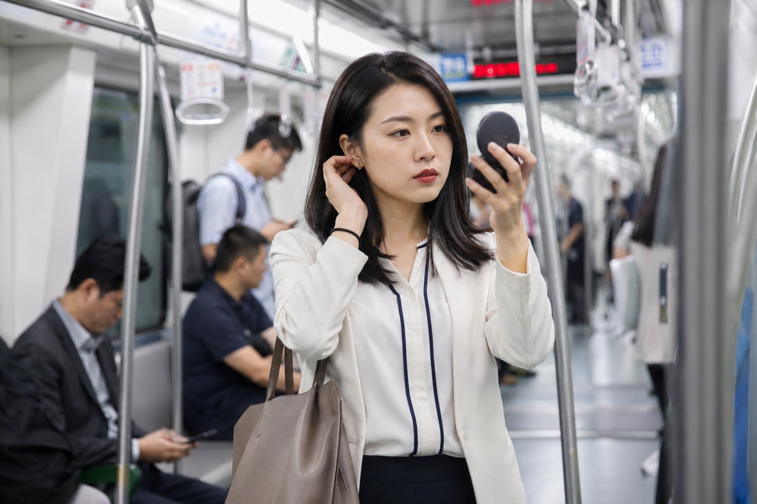 A young Chinese professional preparing for work on the subway, checking her appearance before arriving at the office.