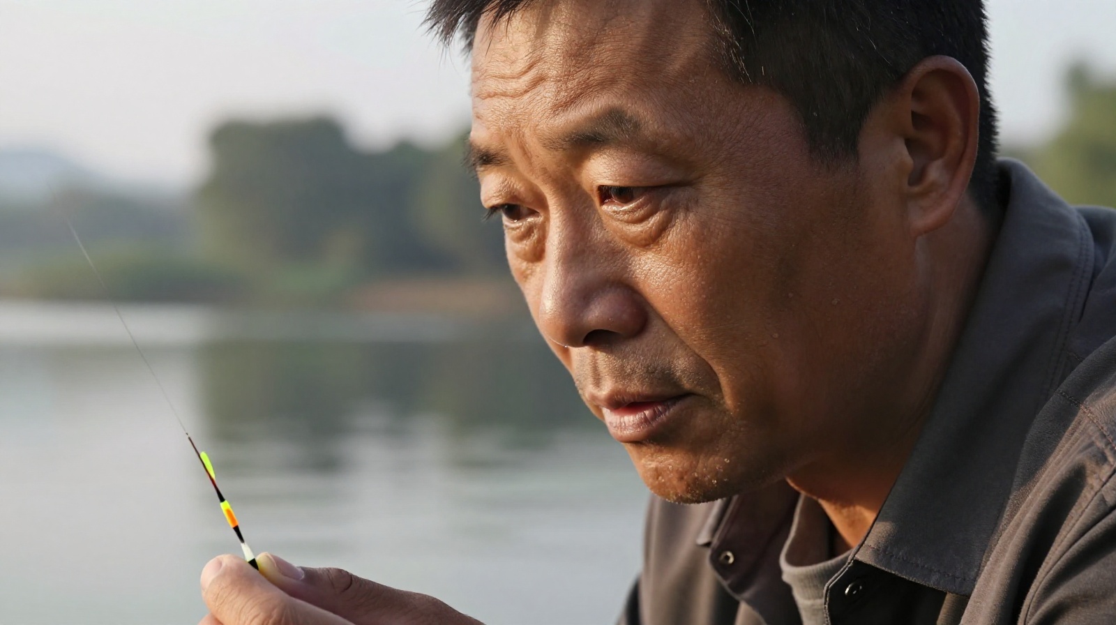 Close-up of a middle-aged Chinese man concentrating on fishing float at dawn