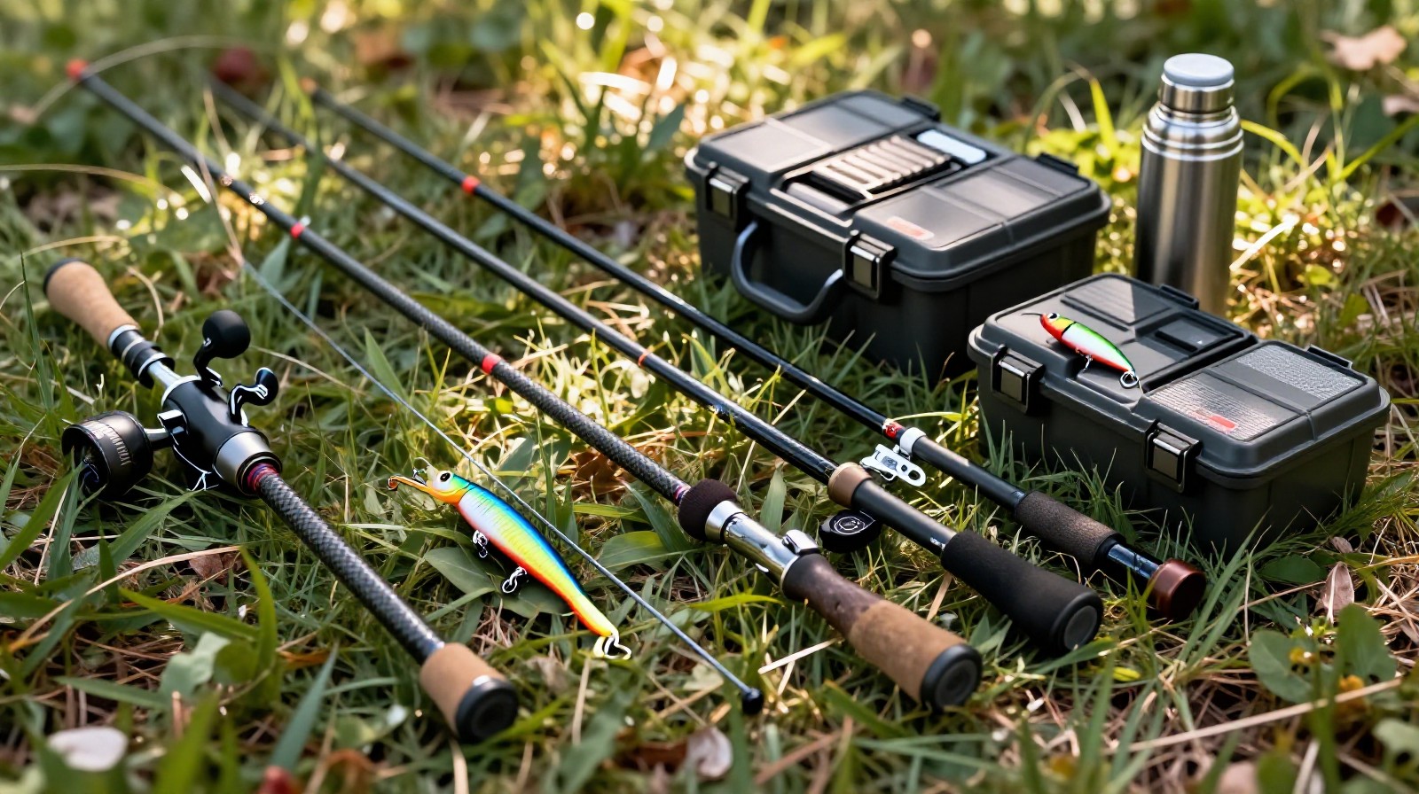 High-end fishing equipment including carbon fiber rods and tackle boxes on a riverbank