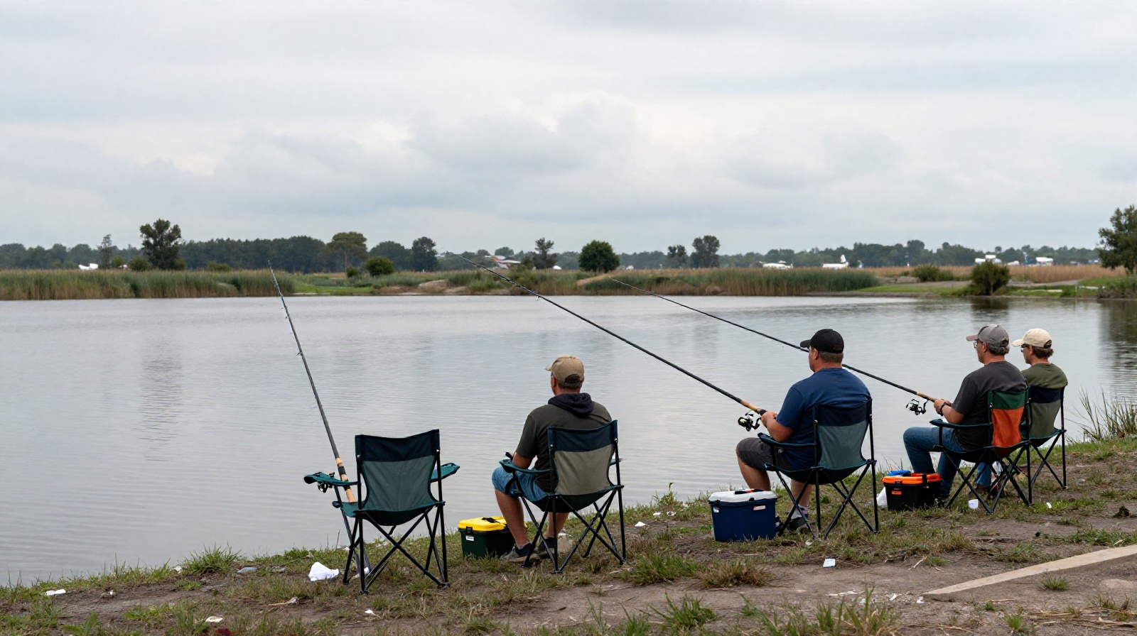 Row of anglers fishing in a private stocked pond known as a black pit in China