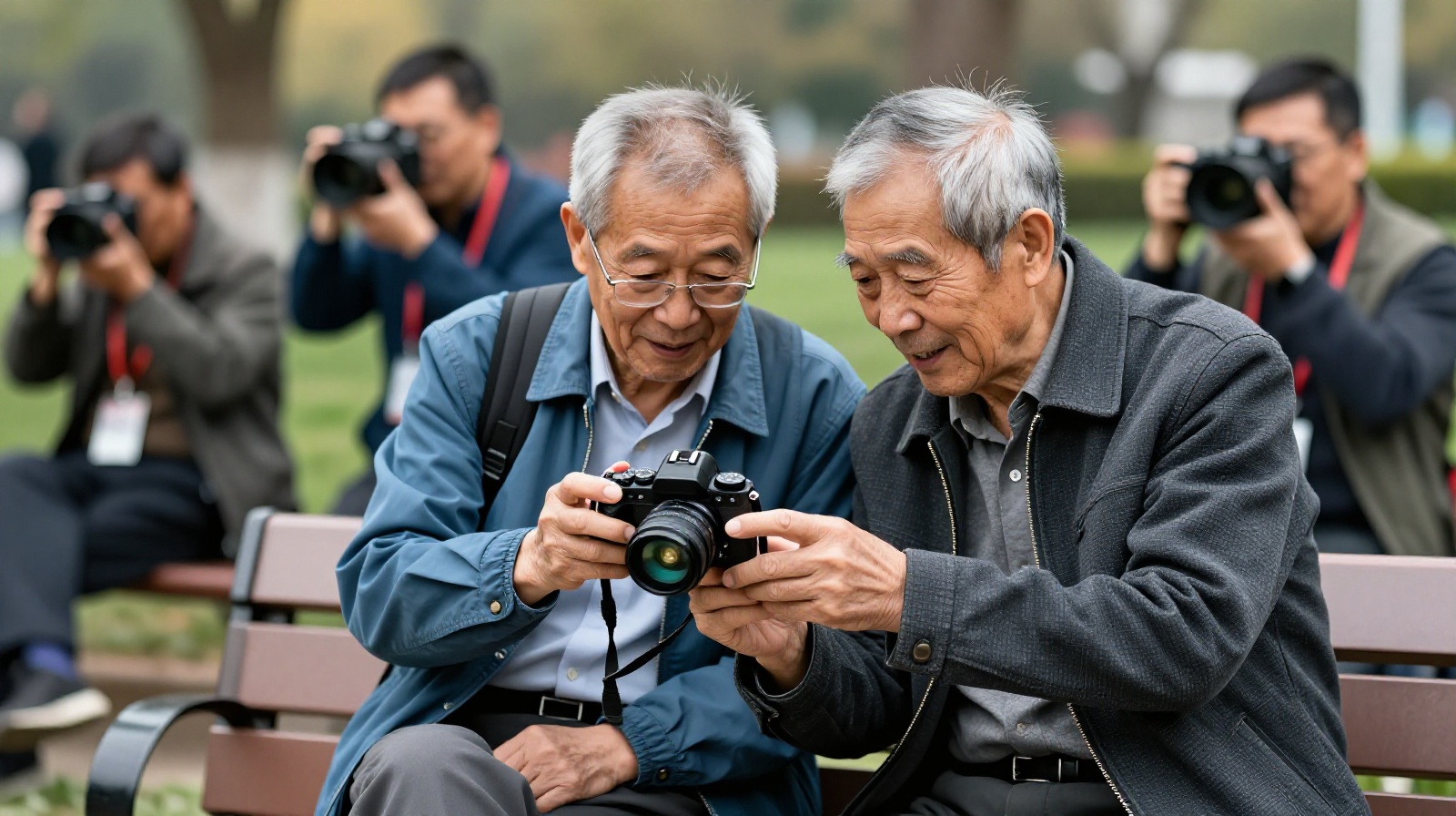 Two retired Chinese photographers reviewing their bird photography on a camera screen, illustrating the social aspect of the hobby.