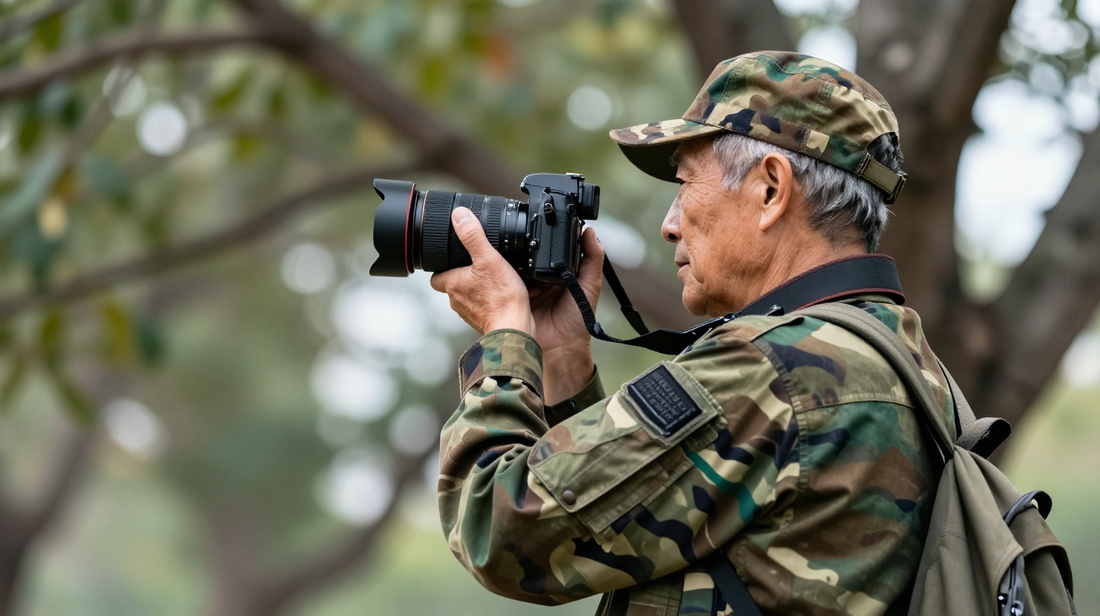 An elderly photographer crouching in camouflage gear, demonstrating the patience and physical effort required to photograph birds in Chinese parks.