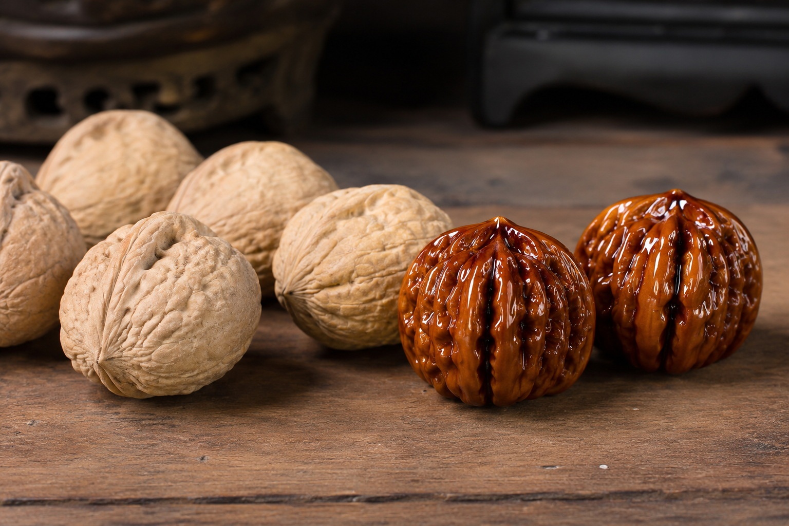 Comparison of rough, new walnuts and polished, amber-colored wenwan walnuts showing the transformation from raw material to collectible art.