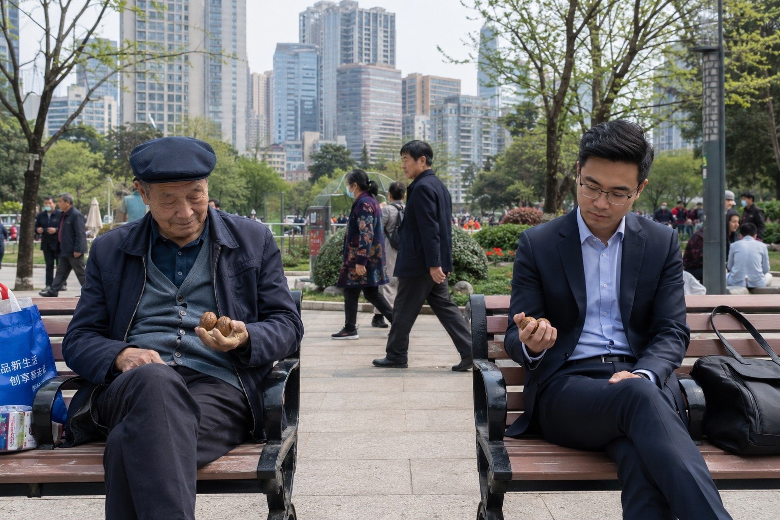 Intergenerational scene of an older man and a young worker practicing wenwan walnut rubbing in a Chinese park.