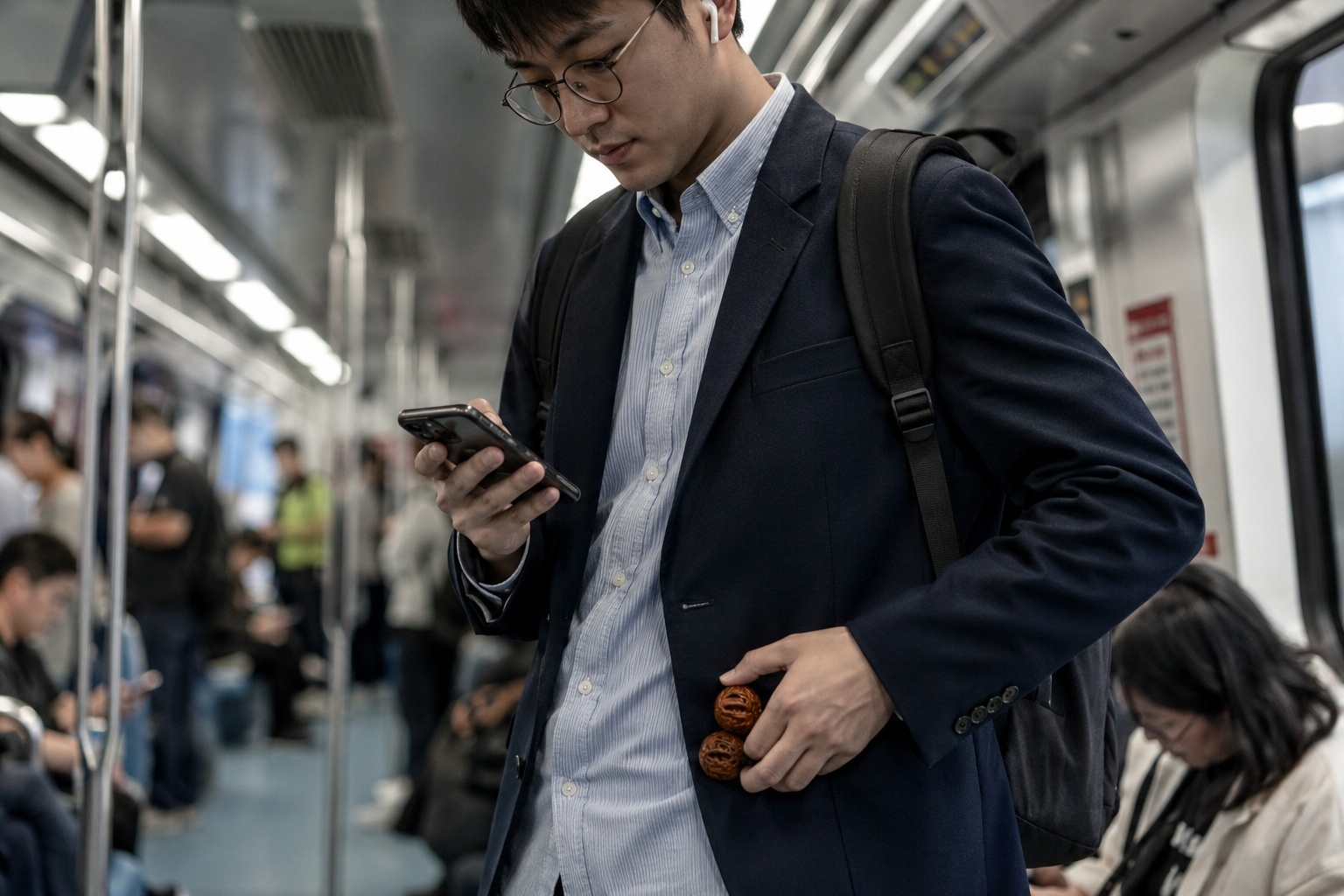 Young professional using wenwan walnuts as a fidget tool for mindfulness during a commute or break.