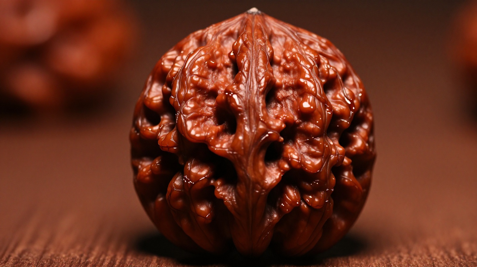 Macro detail of a high-quality wenwan walnut showing the translucent patina and complex ridge patterns.