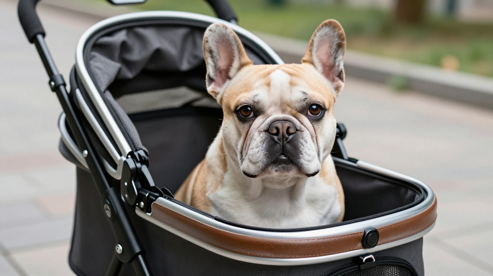 A French Bulldog sitting in a luxury pet stroller on a city sidewalk in China