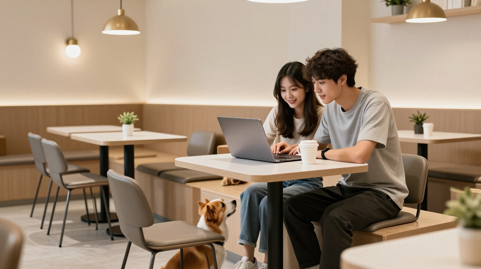 Young people enjoying coffee in a pet-friendly cafe with their dog in a modern Chinese city