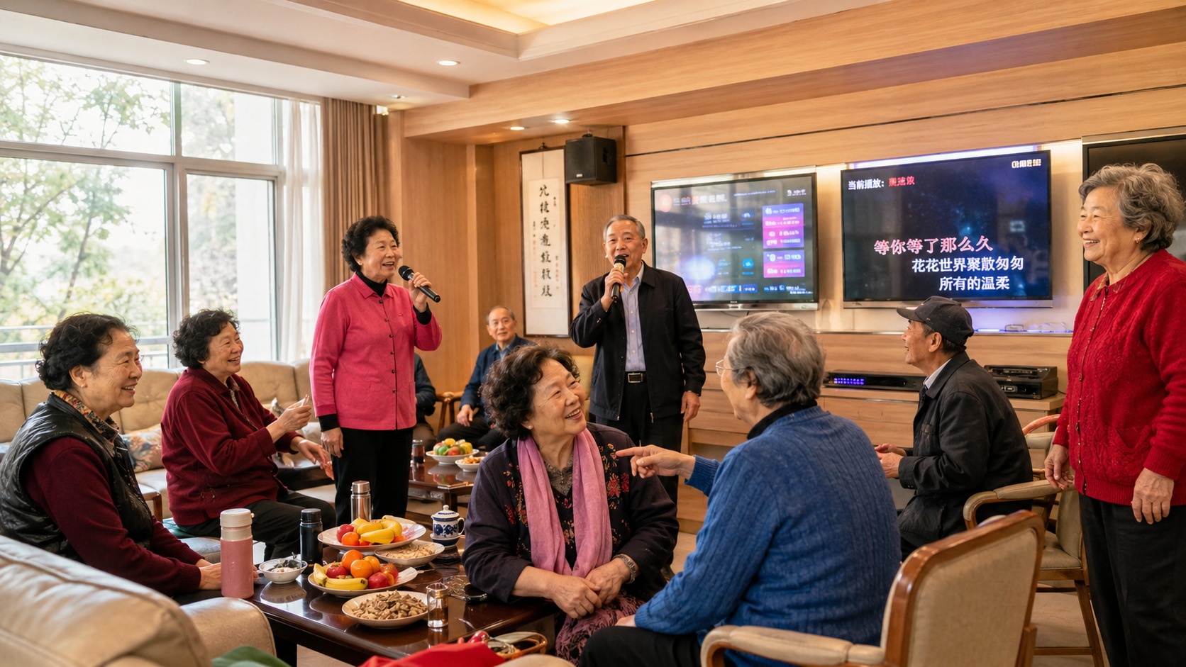 A group of seniors socializing and singing in a KTV包厢, treating it as a community center.