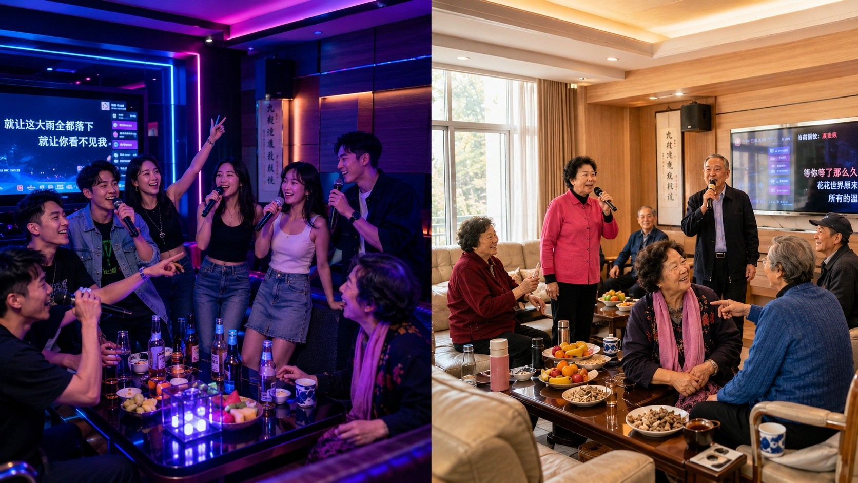 Contrast between youthful night-time karaoke culture and the quiet, sunny daytime atmosphere in Chinese KTVs.