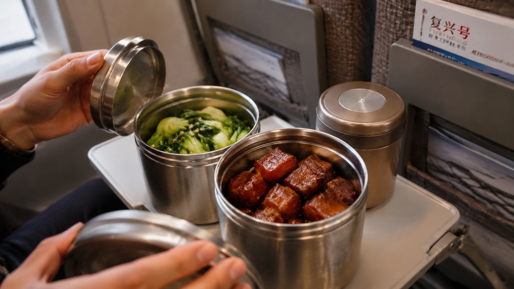 Close-up of homemade Chinese dishes like braised pork and vegetables in thermos containers on a high-speed train seat, highlighting the contrast between modern travel and traditional home cooking.
