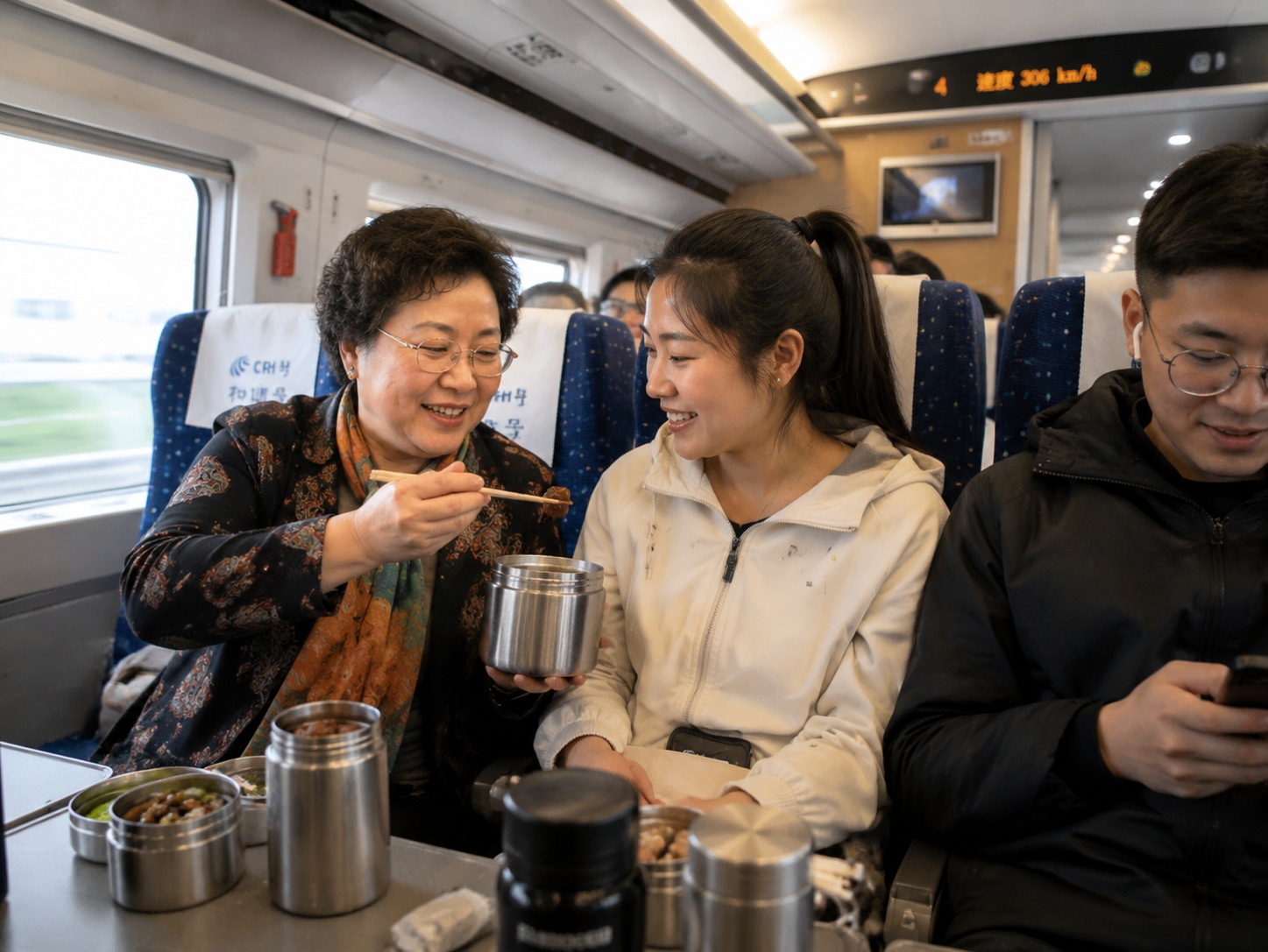 Chinese passengers sharing homemade food on a high-speed train, illustrating the social aspect of dining together during travel.